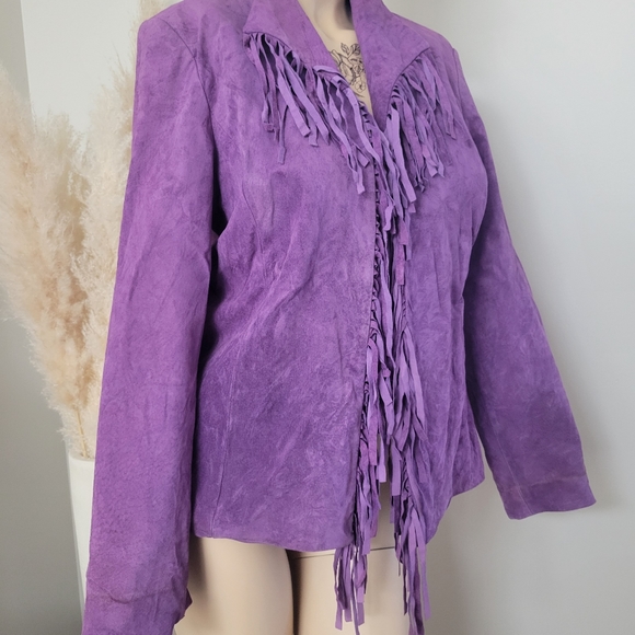 Purple fringe suede leather jacket L - Picture 4 of 11